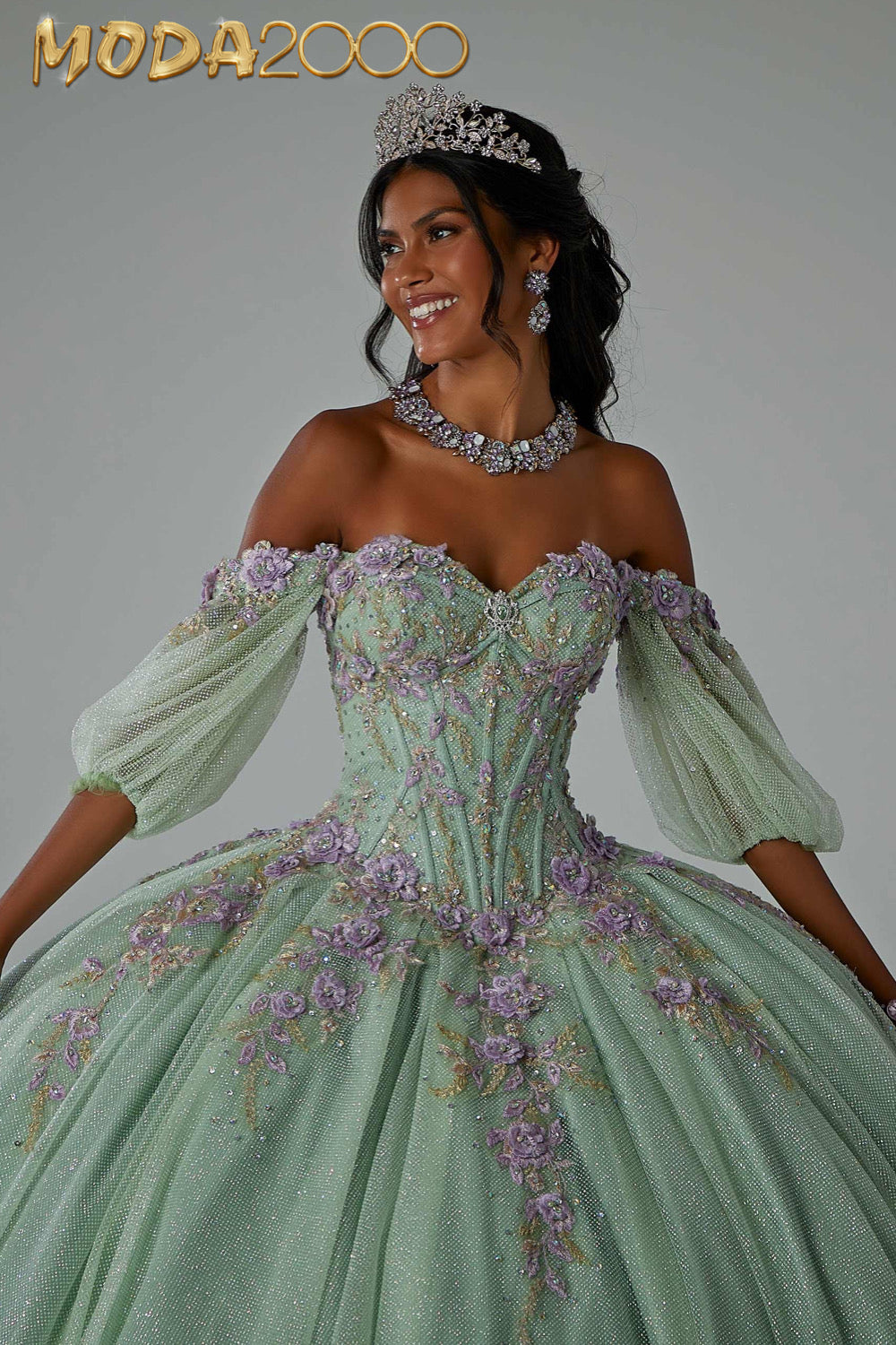M2K89444 | Three-Dimensional Floral Embroidered Quineañera Dress with Jewel Beading