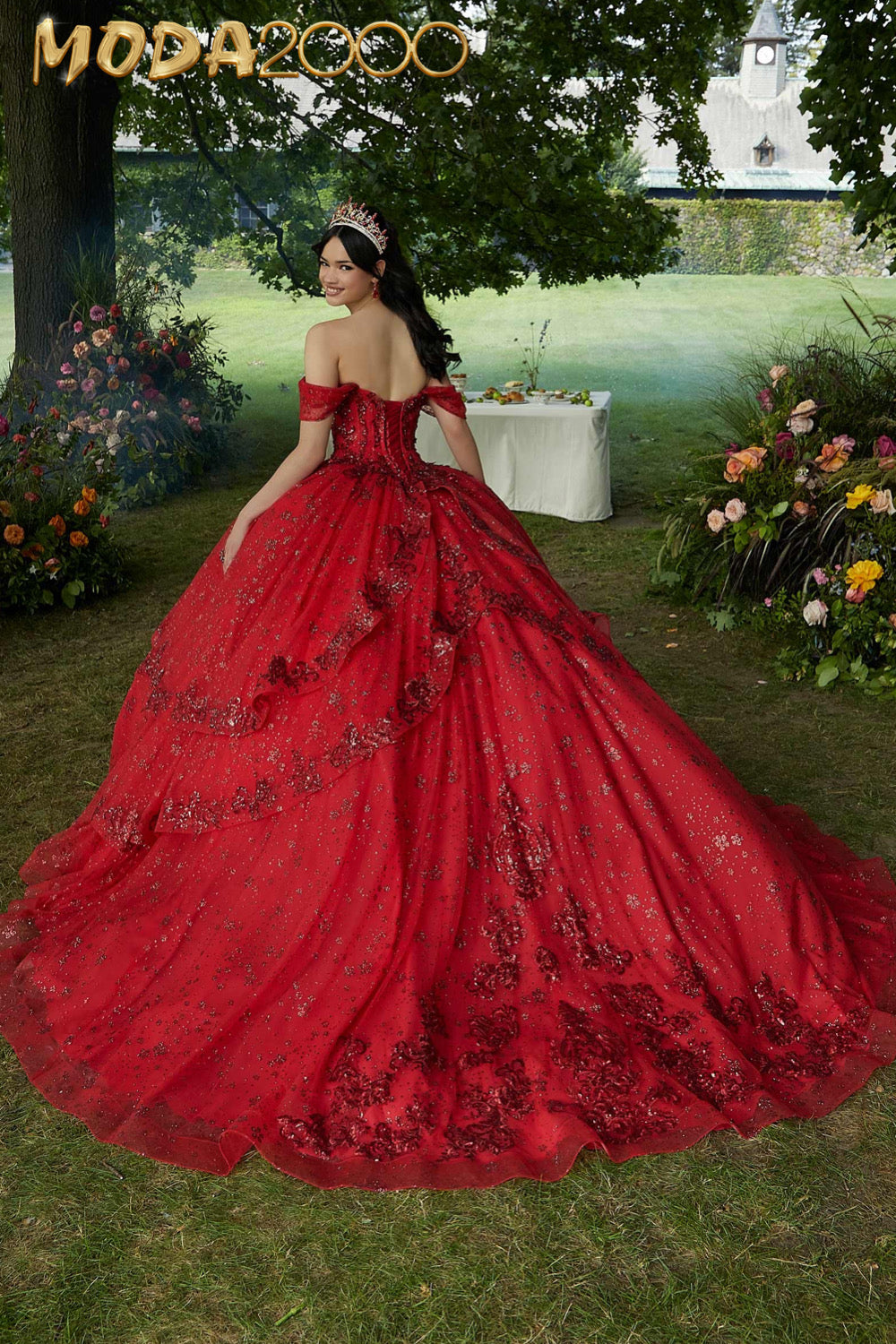 M2K34103 | Contrasting Floral Beading Quinceañera Dress with Rhinestone Trim