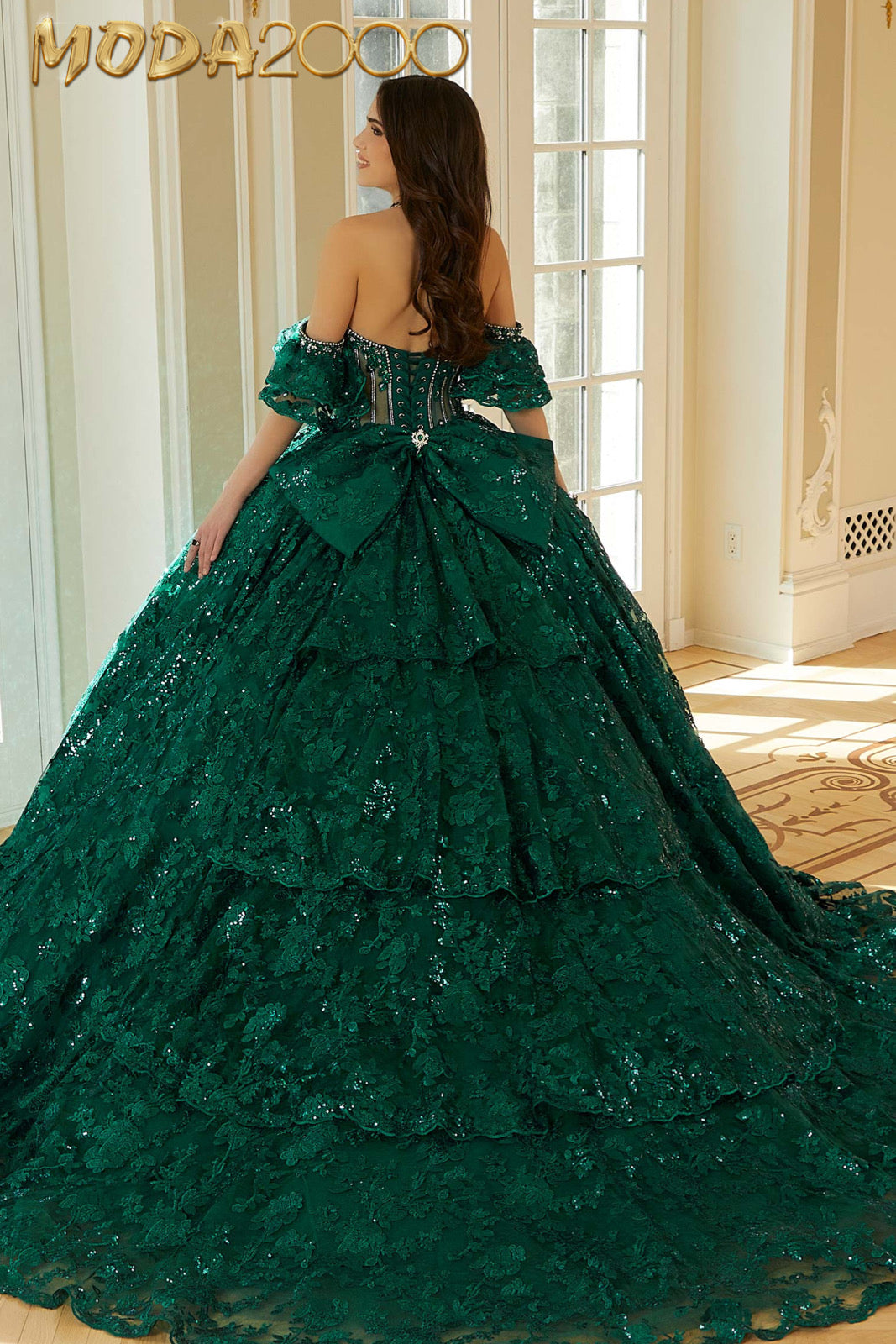 M2K34114 | Floral Patterned Sequin Embroidered Tulle Quinceañera Dress with Sheer Bodice
