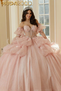 M2K34113 | Three-Dimensional Floral Metallic Embroidered Quinceañera Dress with Waterfall Back Skirt