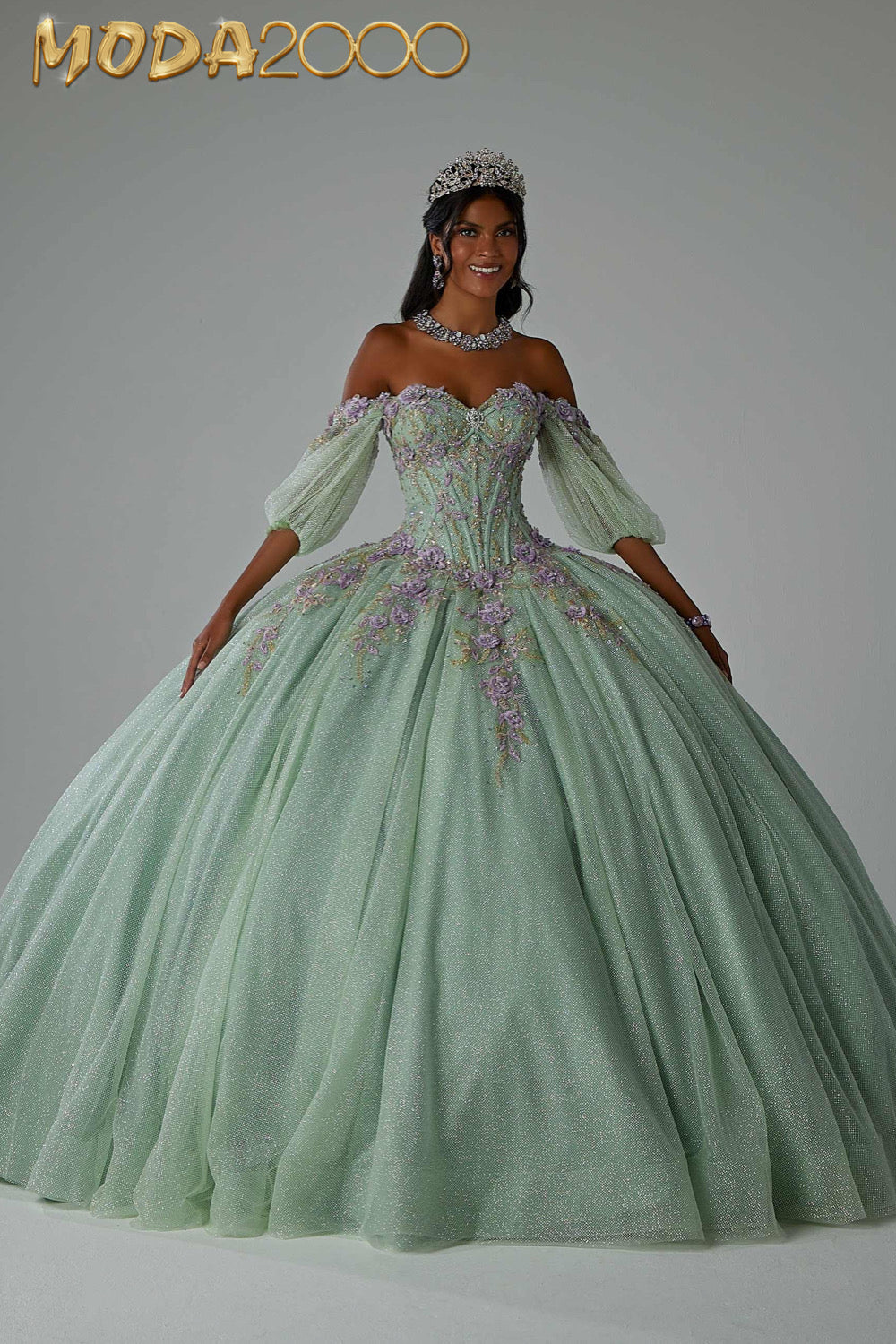 M2K89444 | Three-Dimensional Floral Embroidered Quineañera Dress with Jewel Beading