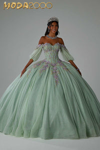 M2K89444 | Three-Dimensional Floral Embroidered Quineañera Dress with Jewel Beading