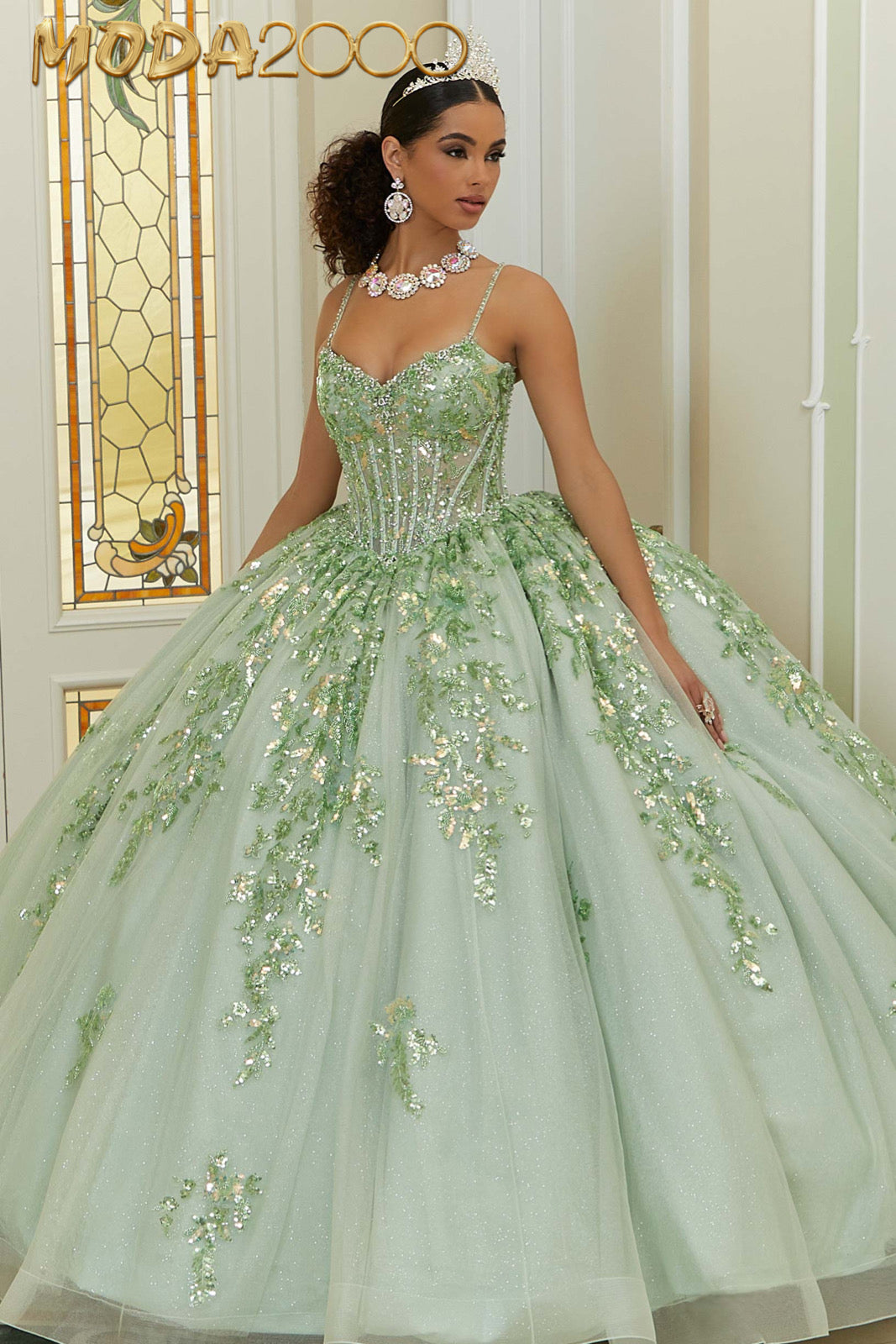 M2K89472 | Pattern Sequin and Diamanté Beaded Quinceañera Dress in Sparkle Tulle