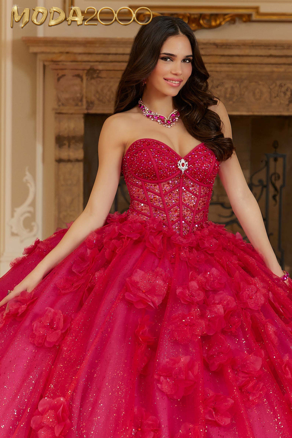 M2K89477 | Layered Sparkle Tulle Quinceañera Dress with Three-Dimensional Flowers