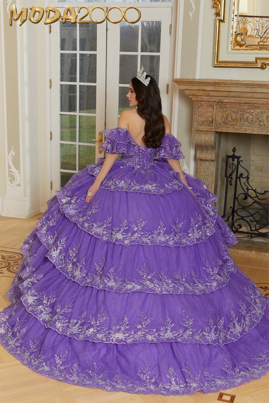 M2K89476 | Tiered Tulle Quinceañera Dress with Crystal Beaded Metallic Embroidery