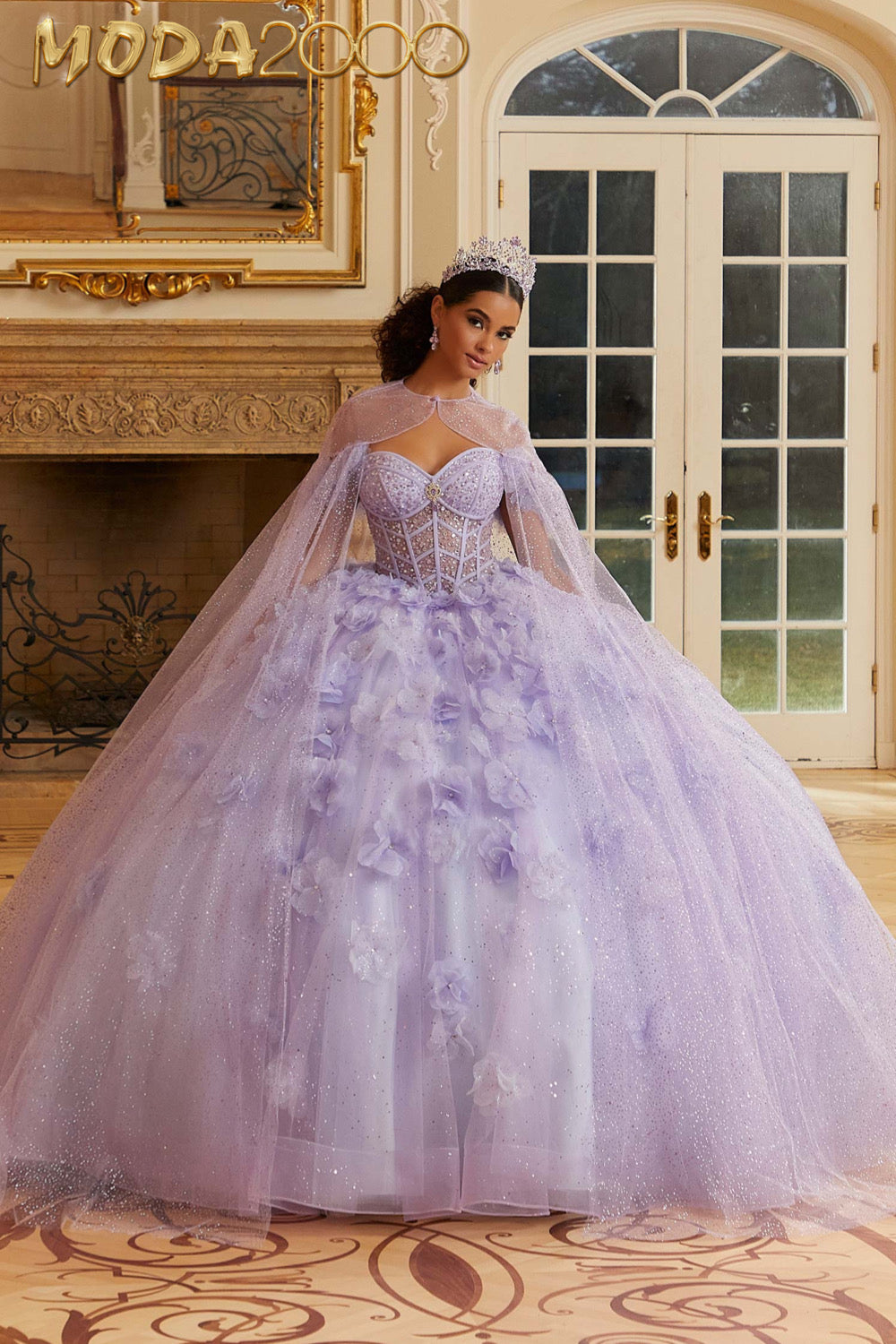M2K89477 | Layered Sparkle Tulle Quinceañera Dress with Three-Dimensional Flowers