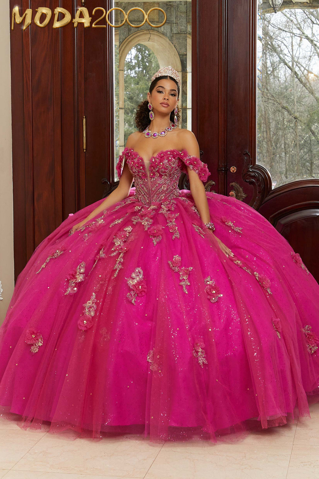 MORILEE #89412 RED/GOLD Contrasting Three-Dimensional Appliquéd Quinceañera Dress