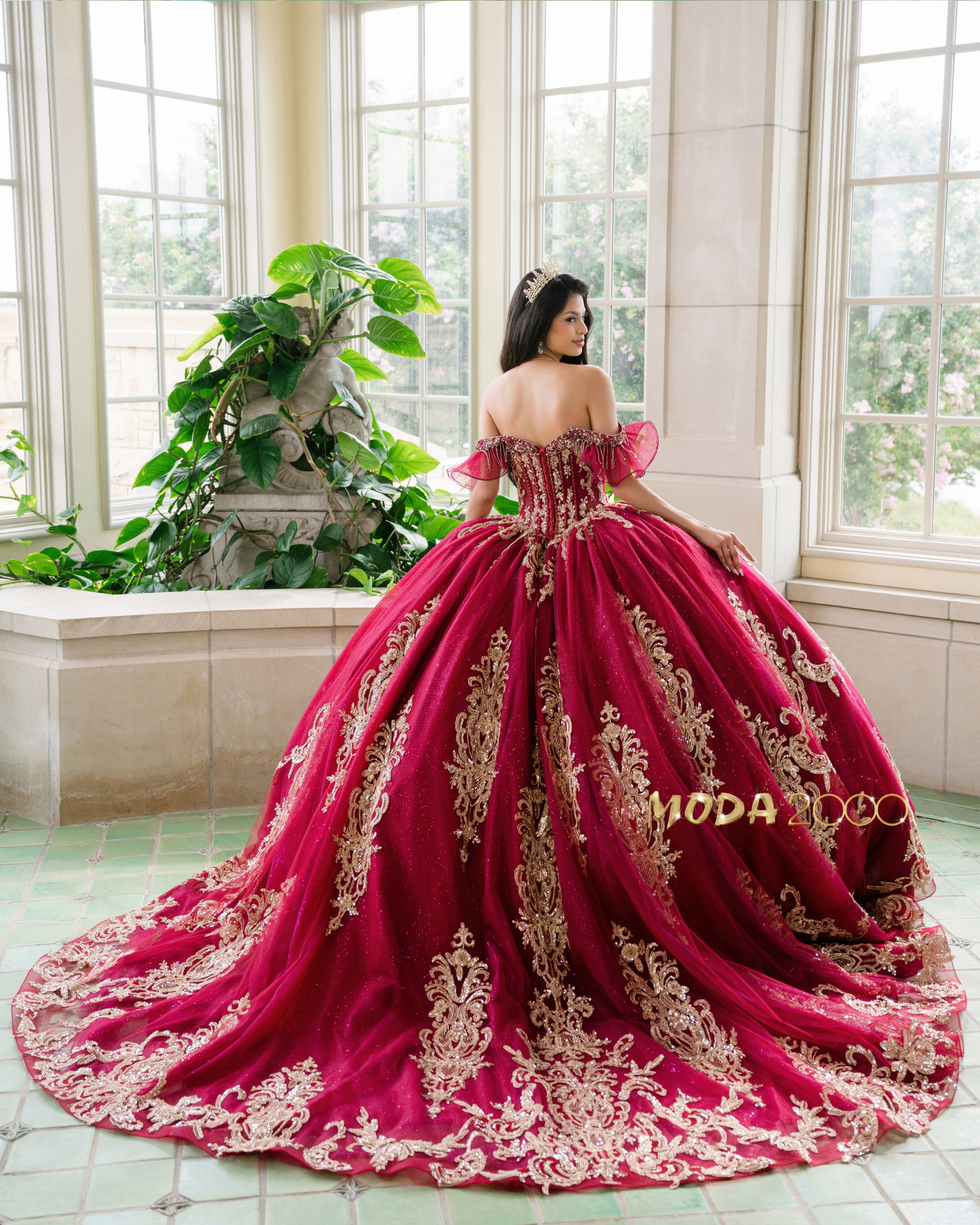 green emerald velvet dress Red and Gold Quince Dress with Cape Sleeves