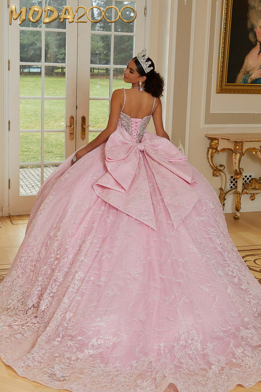 M2K89474 | Patterned Glitter Net Quinceañera Dress with Jeweled Beading and Back Bow