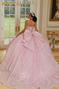 M2K89474 | Patterned Glitter Net Quinceañera Dress with Jeweled Beading and Back Bow