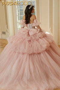 M2K34113 | Three-Dimensional Floral Metallic Embroidered Quinceañera Dress with Waterfall Back Skirt