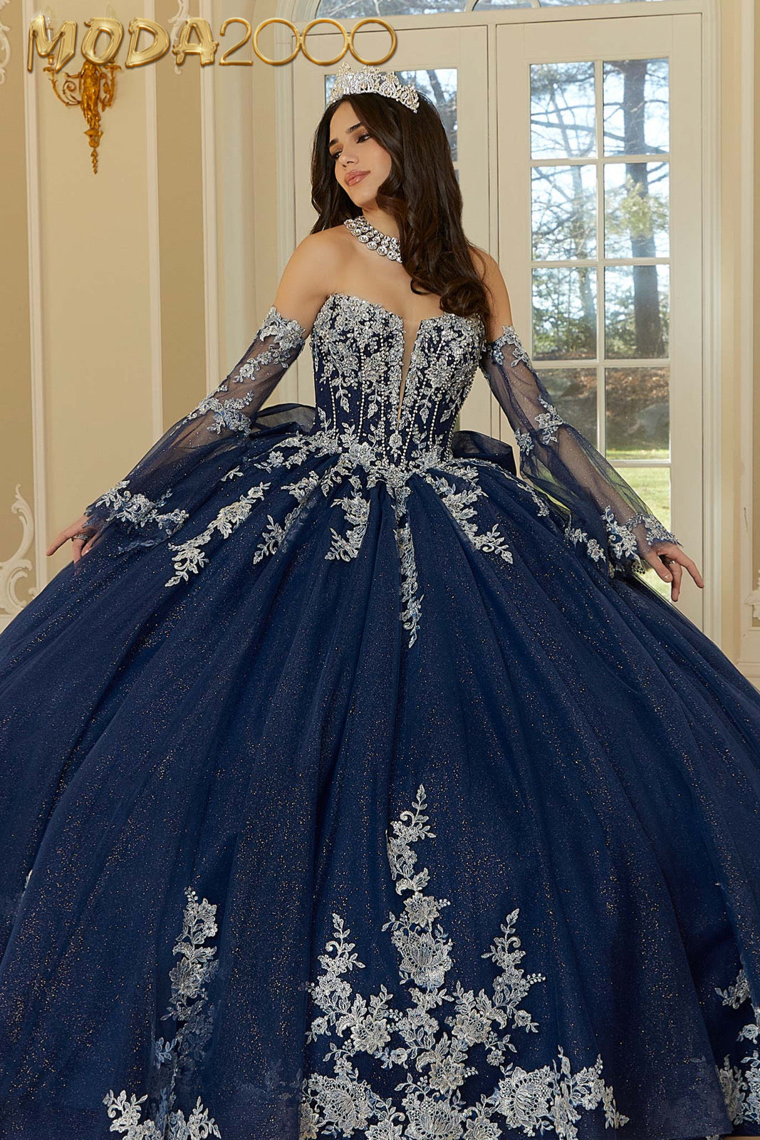 M2K34112 | Crystal Beaded Metallic Lace Quinceaera Dress with Bell Sl Moda 2000 LLC M2K34112 | Crystal Beaded Metallic Lace Quinceaera Dress with Bell Sl Moda 2000 LLC