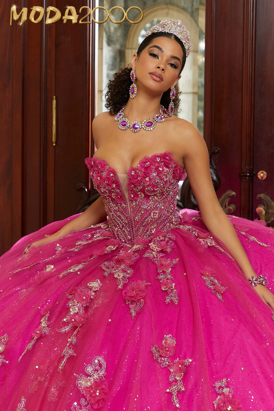 M2K89473 | Three-Dimensional Flowers and Metallic Lace Sparkle Tulle Quinceañera Dress