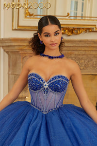 M2K89479 | Pearl and Crystal Beaded Sparkle Tulle Quinceañera Dress with Back Bows