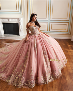 slim fit dress slacks Shimmering rose gold quinceanera dress with strapless sweetheart neckline main image 0