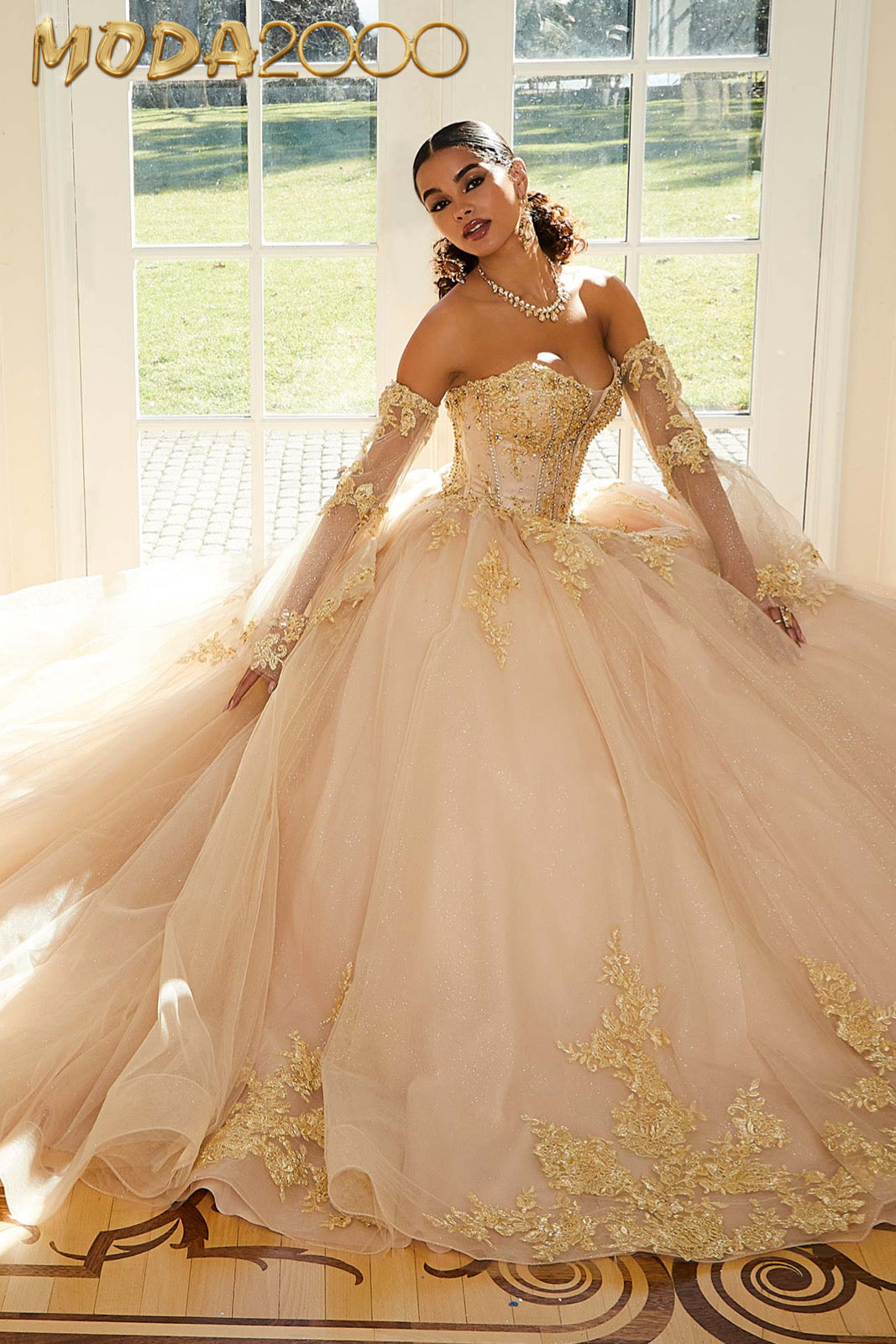M2K34112 | Crystal Beaded Metallic Lace Quinceaera Dress with Bell Sl Moda 2000 LLC M2K34112 | Crystal Beaded Metallic Lace Quinceaera Dress with Bell Sl Moda 2000 LLC