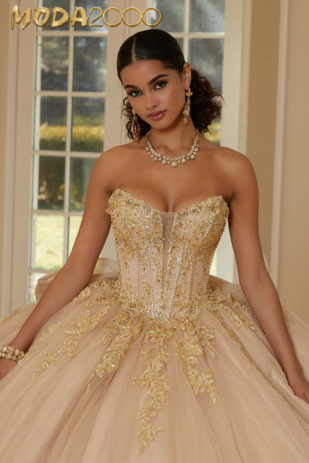 M2K34112 | Crystal Beaded Metallic Lace Quinceaera Dress with Bell Sl Moda 2000 LLC M2K34112 | Crystal Beaded Metallic Lace Quinceaera Dress with Bell Sl Moda 2000 LLC