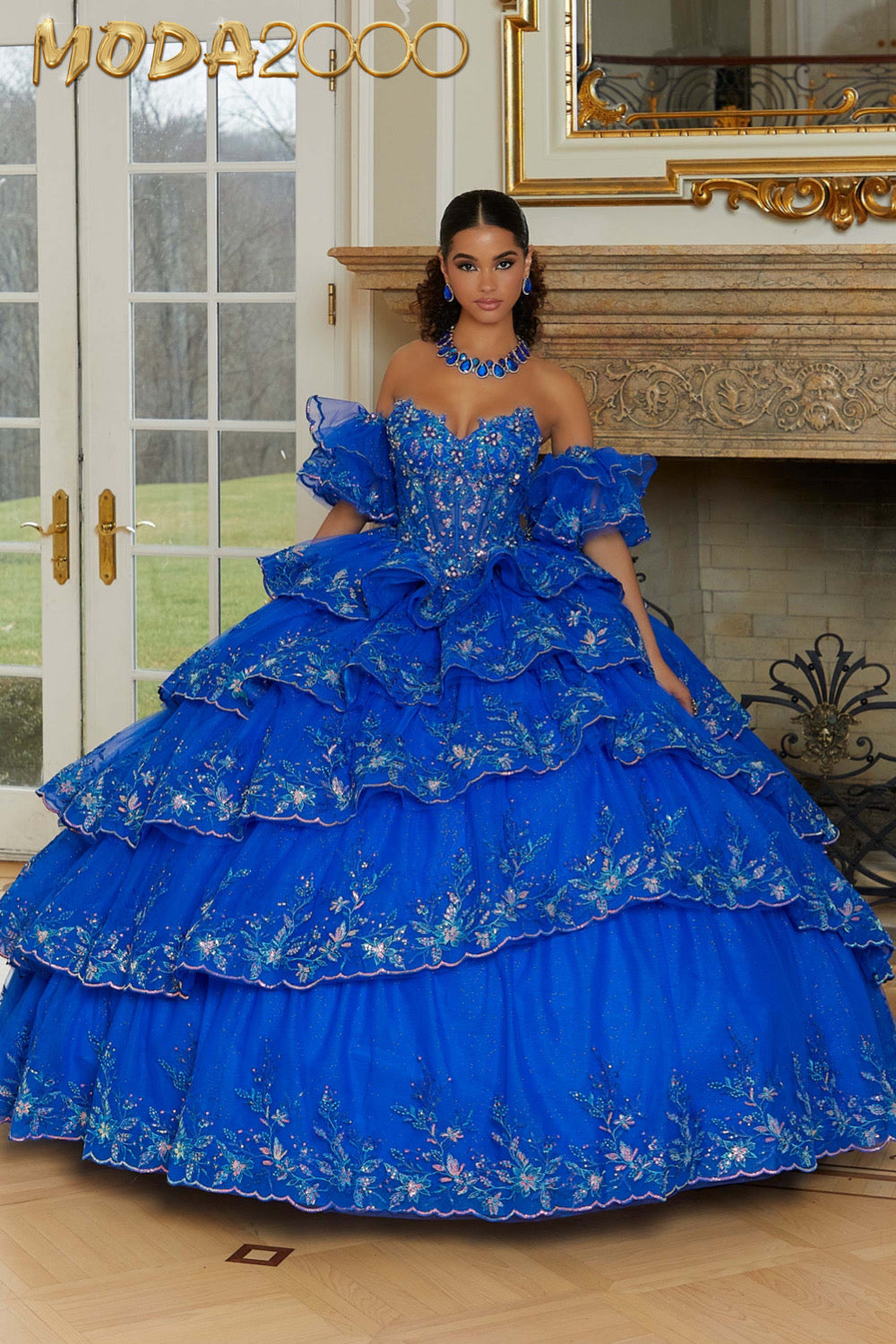 M2K89476 | Tiered Tulle Quinceañera Dress with Crystal Beaded Metallic Embroidery