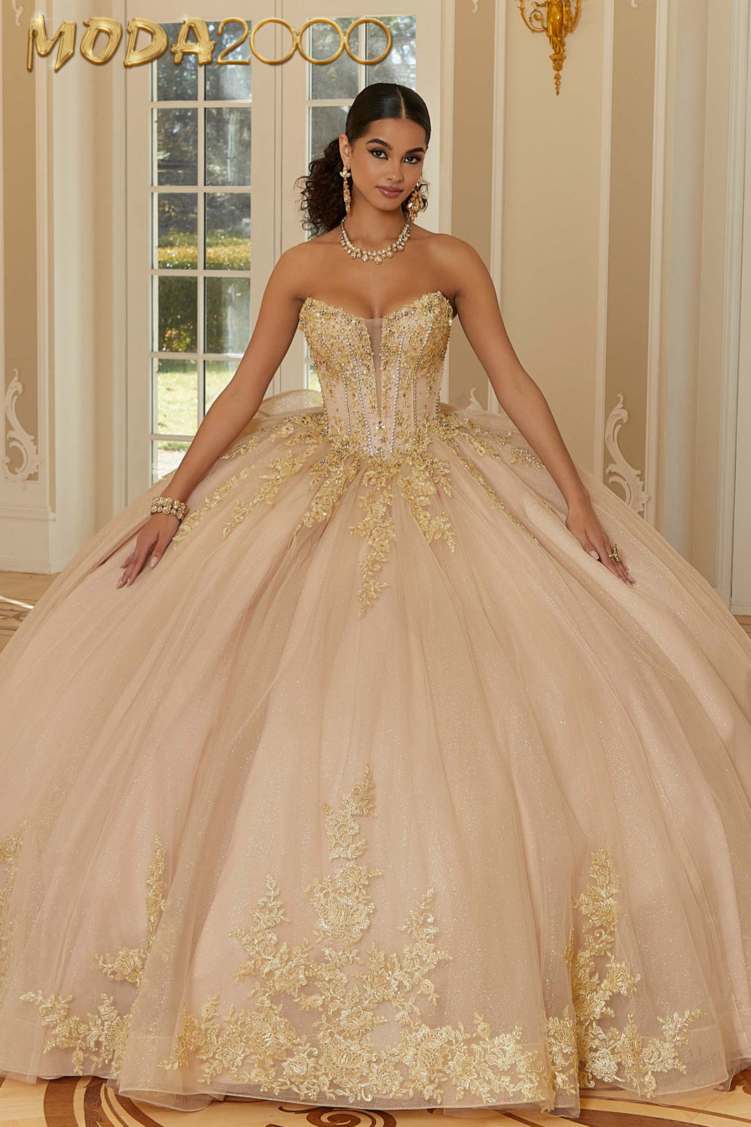 M2K34112 | Crystal Beaded Metallic Lace Quinceaera Dress with Bell Sl Moda 2000 LLC M2K34112 | Crystal Beaded Metallic Lace Quinceaera Dress with Bell Sl Moda 2000 LLC