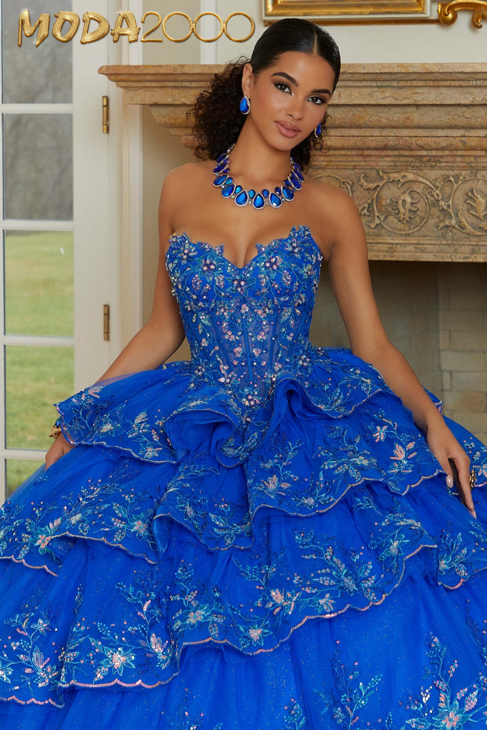 M2K89476 | Tiered Tulle Quinceañera Dress with Crystal Beaded Metallic Embroidery