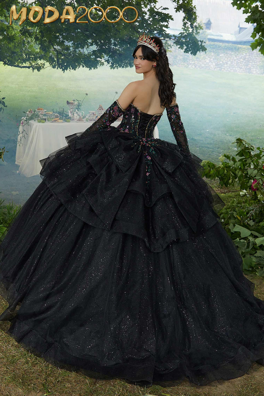 M2K34104 |  Floral Patterned Glitter Tulle with Split Skirt Overlay
