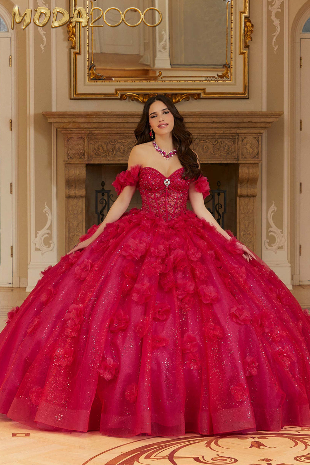 M2K89477 | Layered Sparkle Tulle Quinceañera Dress with Three-Dimensional Flowers