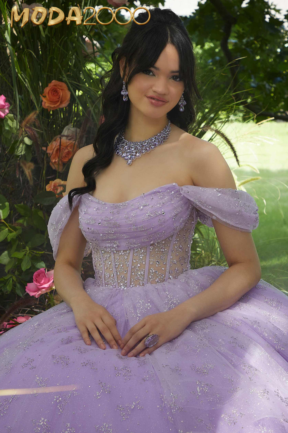 M2K89450 | Patterned Glitter and Crystal Beaded Quinceañera Dress with Sheer Bodice
