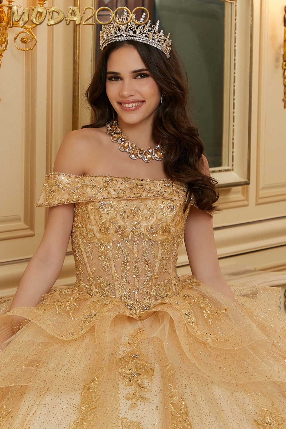 M2K89485 | Diamanté and Crystal Beaded Metallic Lace Quinceañera Dress