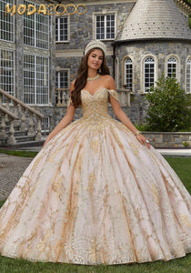 M2K34083 |  Patterned Glitter Quinceañera Dress with Chandelier Beading