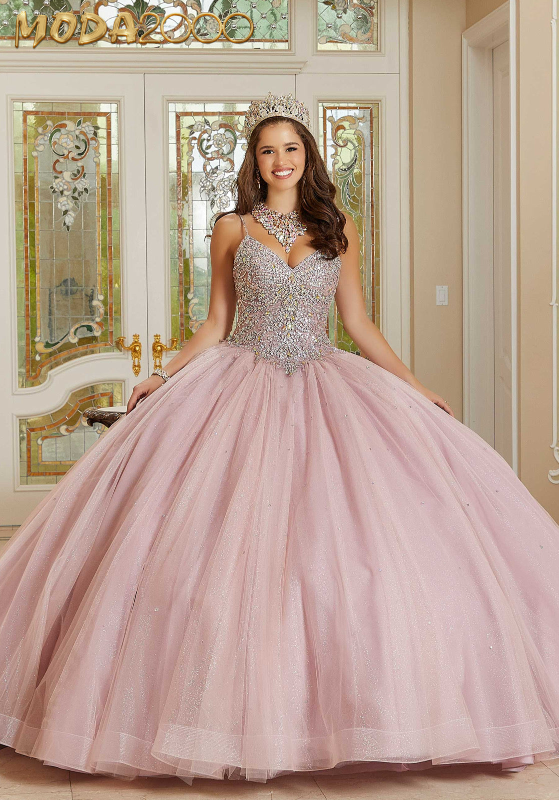 M2K60175 |  Rhinestone and Crystal Beaded Quinceañera Dress with Bow