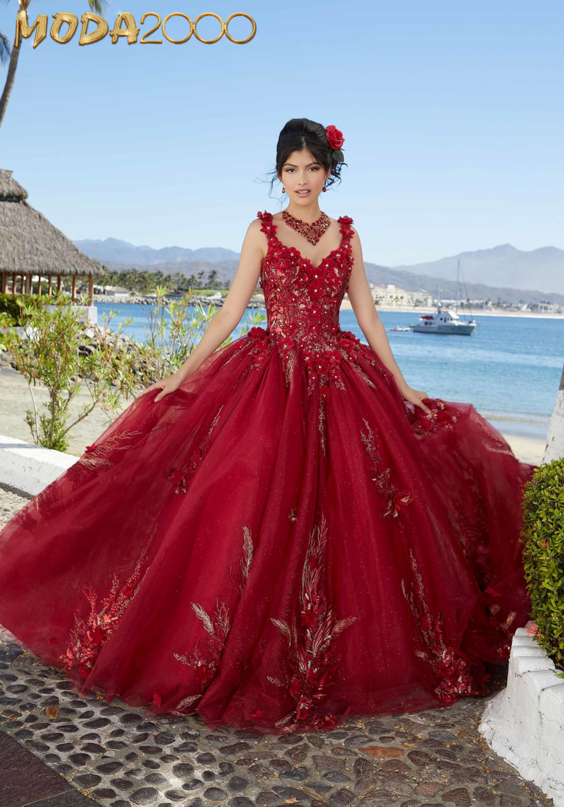M2K89362 |   Glitter Tulle Quinceañera Dress with Three-Dimensional Floral Appliqués