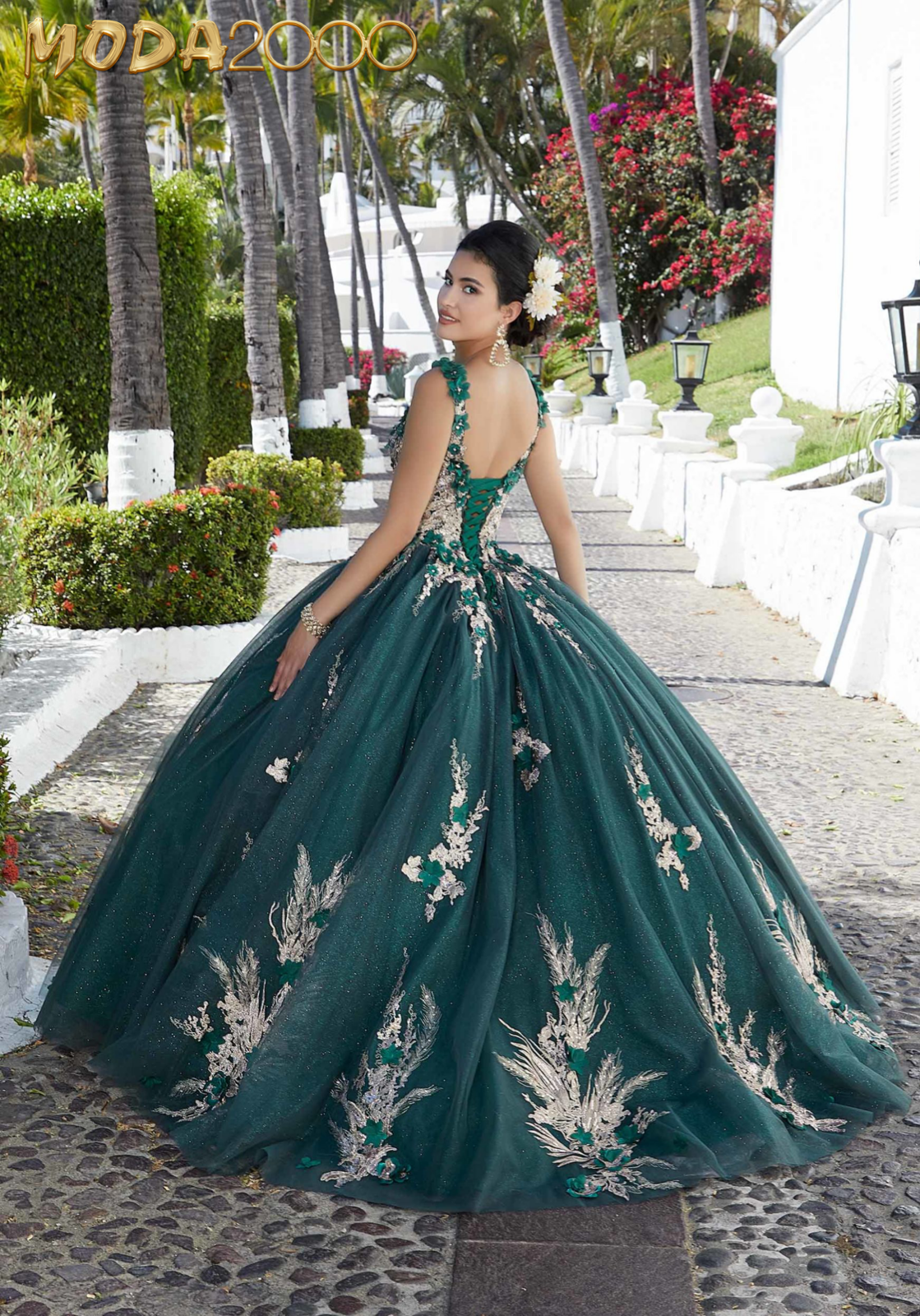 M2K89362 |   Glitter Tulle Quinceañera Dress with Three-Dimensional Floral Appliqués