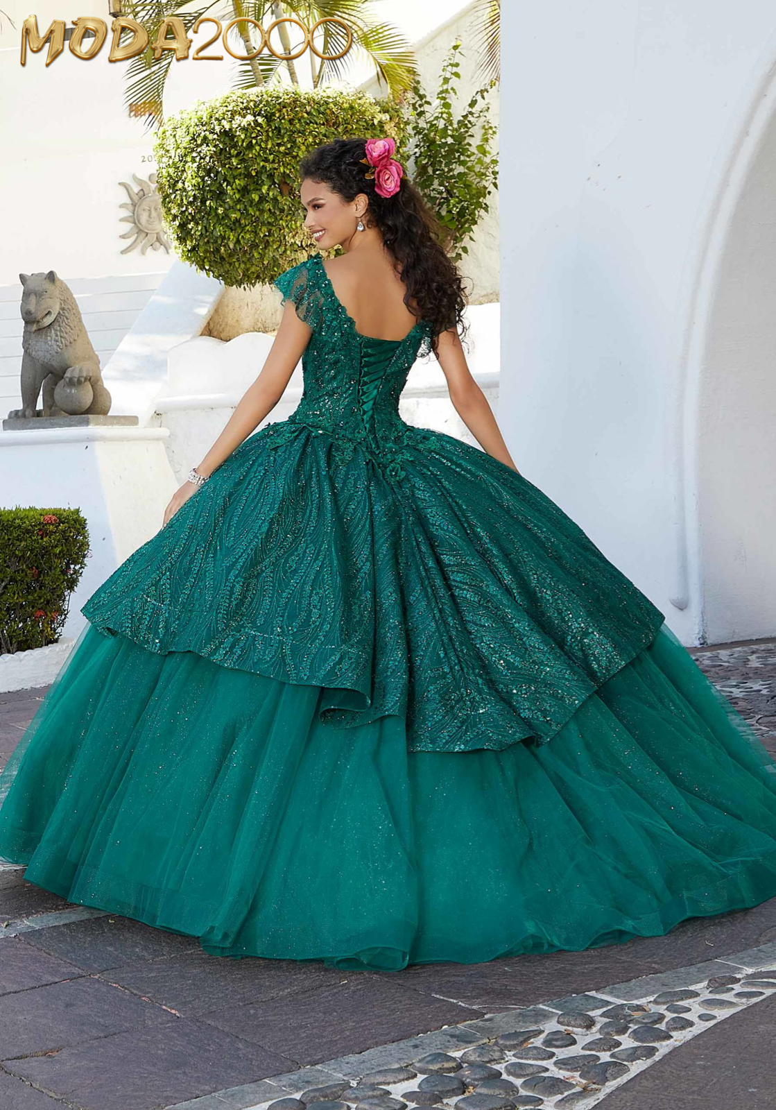 M2K60162 | Crystal Beaded Patterned Glitter over Sparkle Tulle Quinceañera Dress
