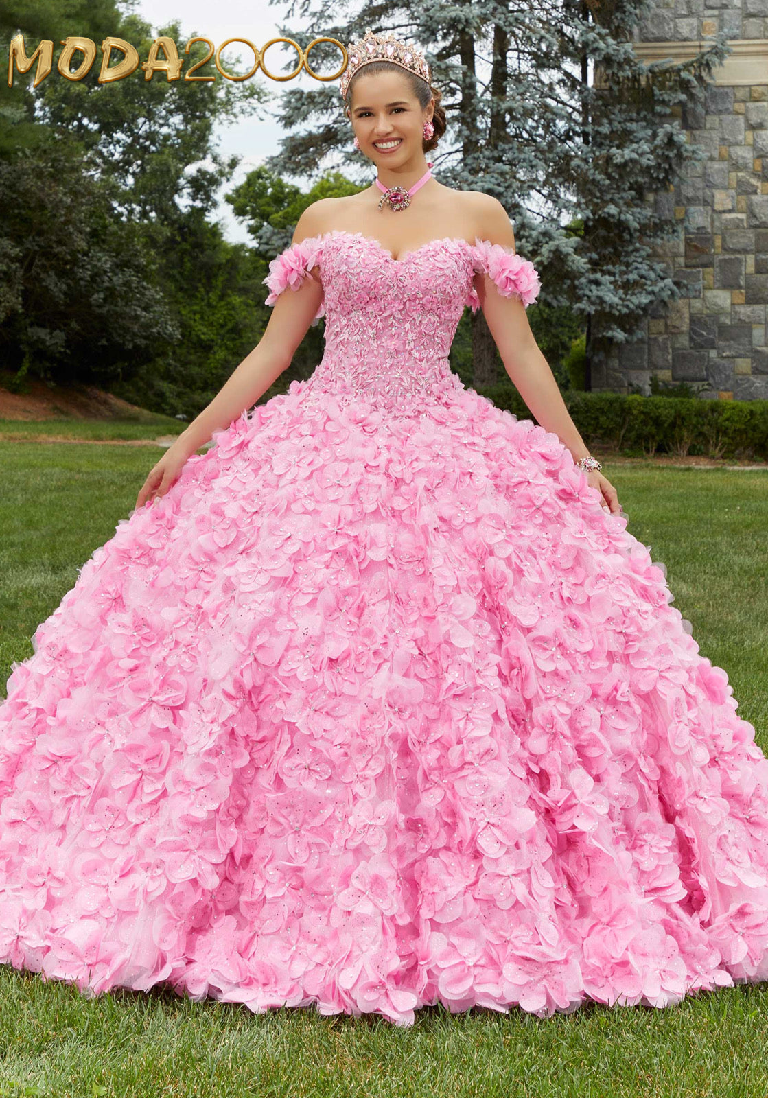 M2K89403 | Crystal Beaded Lace Quinceañera Dress with Floral Skirt