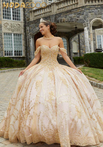 M2K34083 |  Patterned Glitter Quinceañera Dress with Chandelier Beading