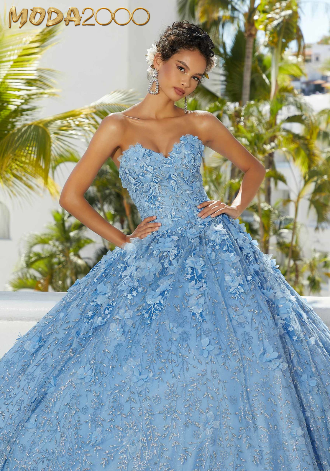 M2K89358 |   Floral Patterned Glitter Net Quinceañera Dress
