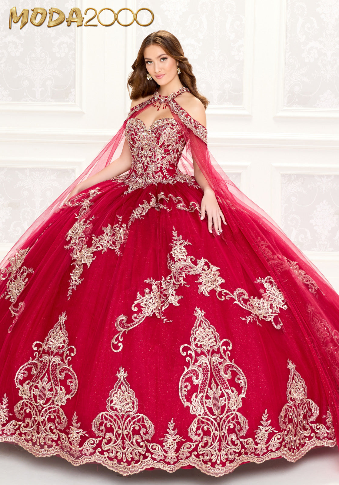 M2K30086 l Princesa Quinceanera Dress with Embroidered Lace and Stone Accents and Matching Cape