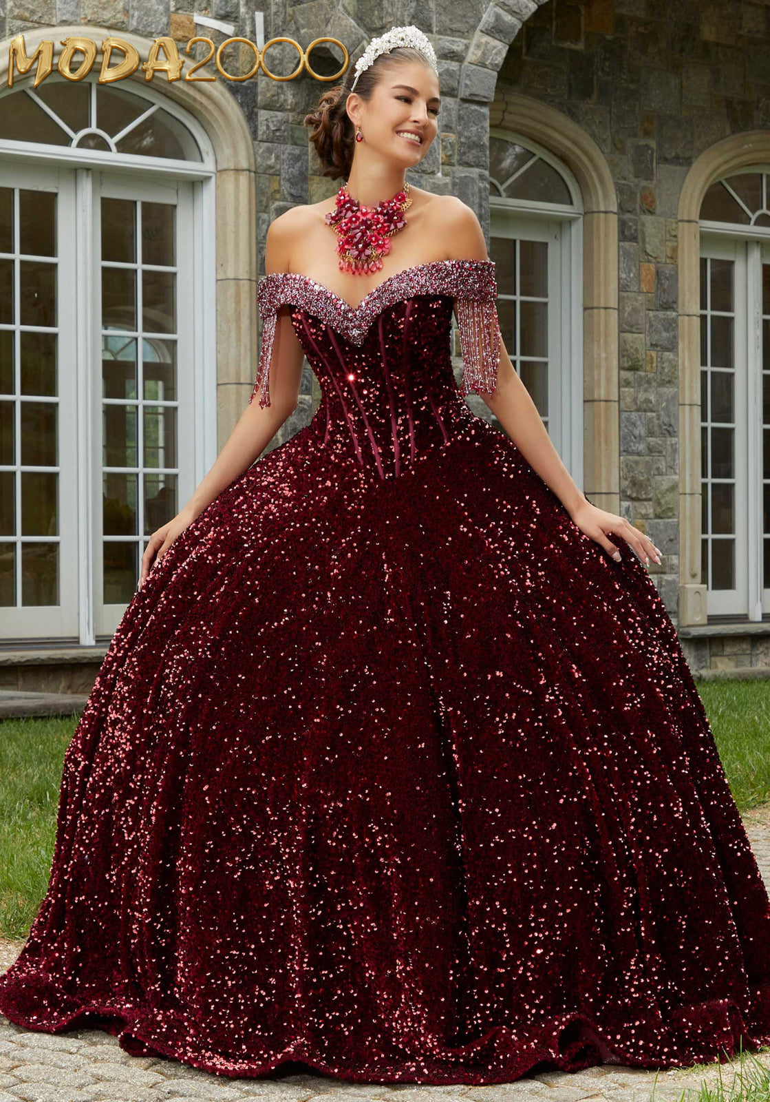 M2K60177 |  Allover Sequin Velvet Quinceañera Dress with Beaded Fringe