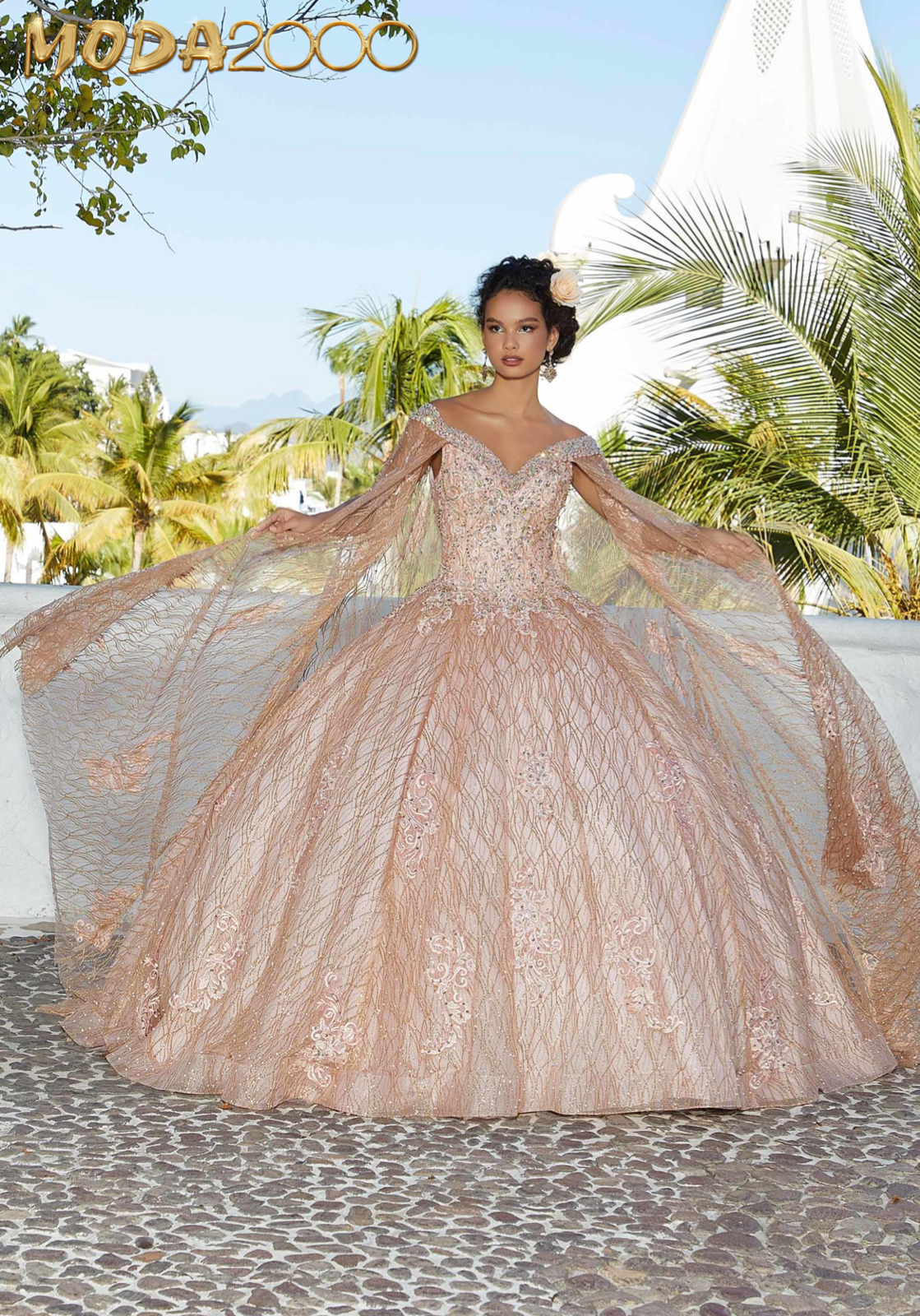 M2K89357 |   Patterned Glitter Quinceañera Dress with Cape