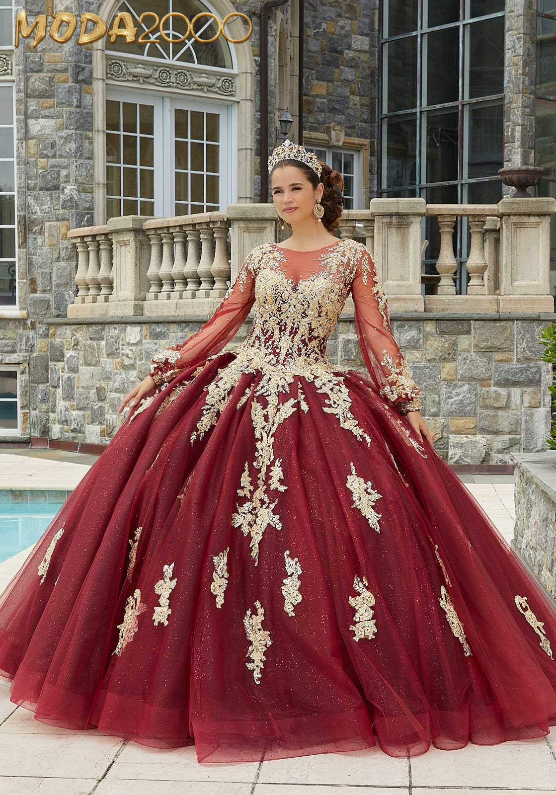 M2K34086 |  Crystal Beaded Lace Quinceañera Dress with Keyhole Back