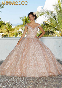 M2K89357 |   Patterned Glitter Quinceañera Dress with Cape