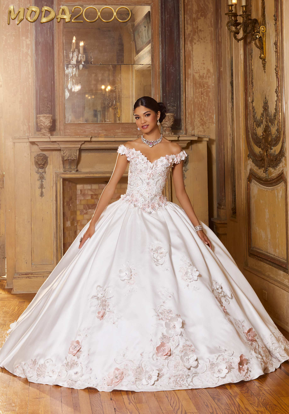 M2K60153 Diamanti Satin Quincea era Dress with Three Dimensional