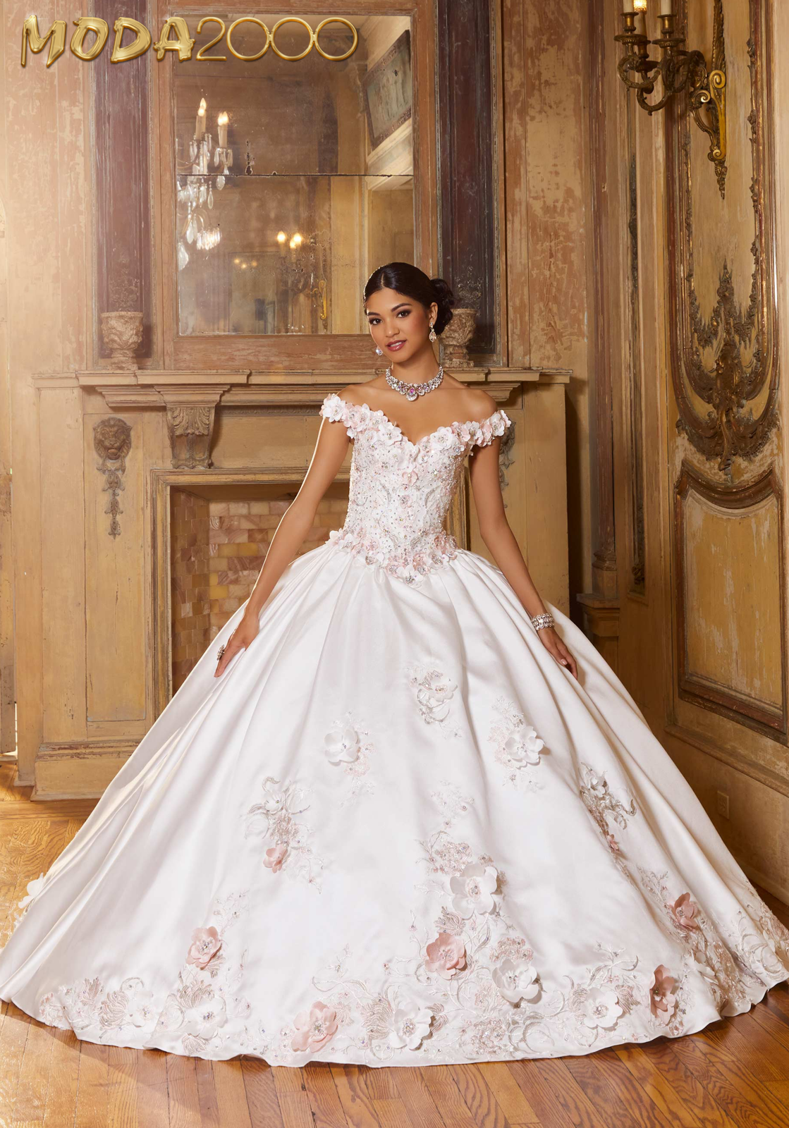 M2K60153 | Diamanti Satin Quinceañera Dress with Three-Dimensional Flowers