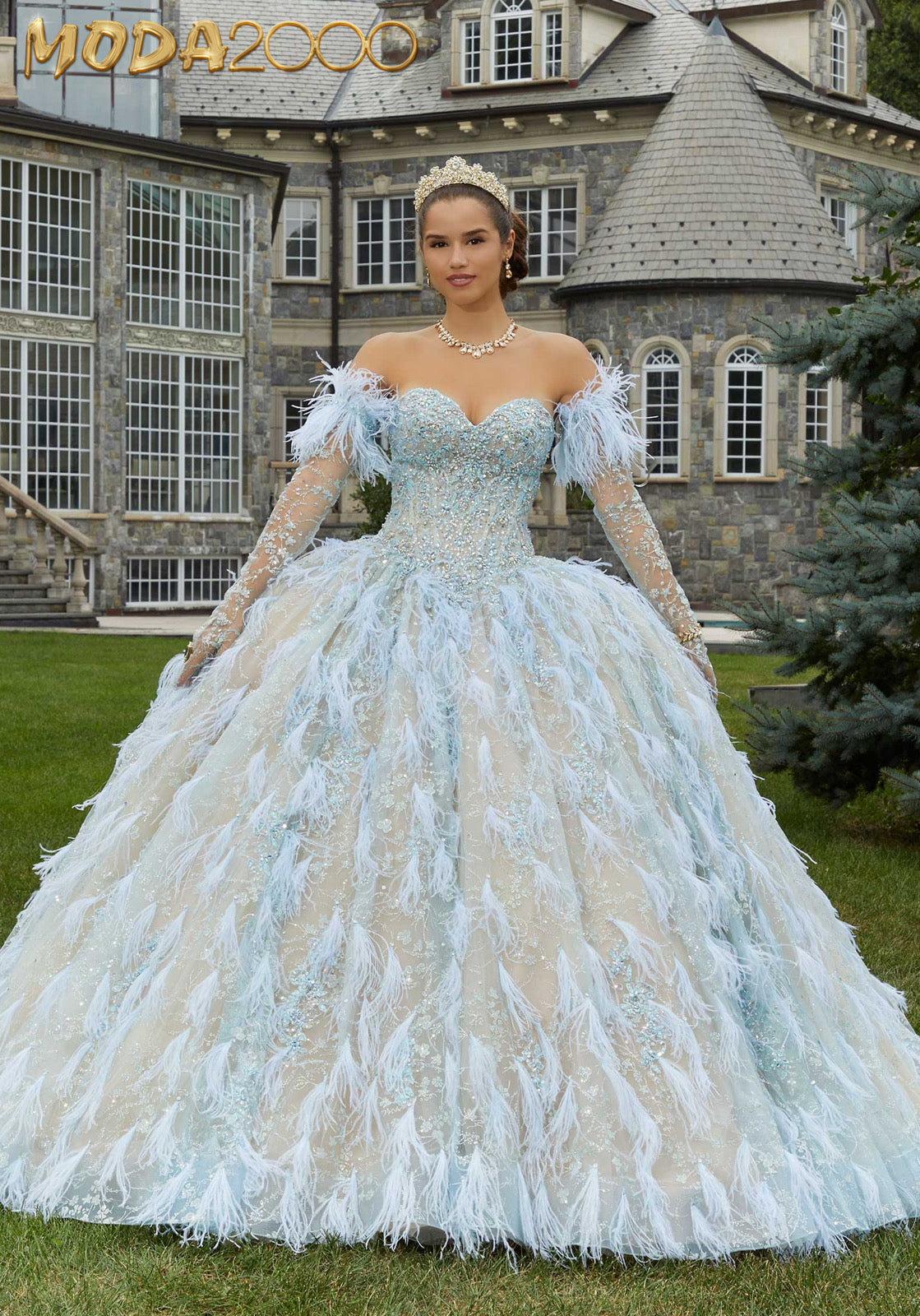 M2K34082 |  Floral Glitter and Feather Quinceañera Dress
