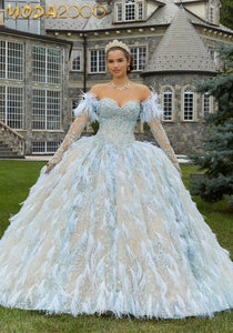 M2K34082 |  Floral Glitter and Feather Quinceañera Dress