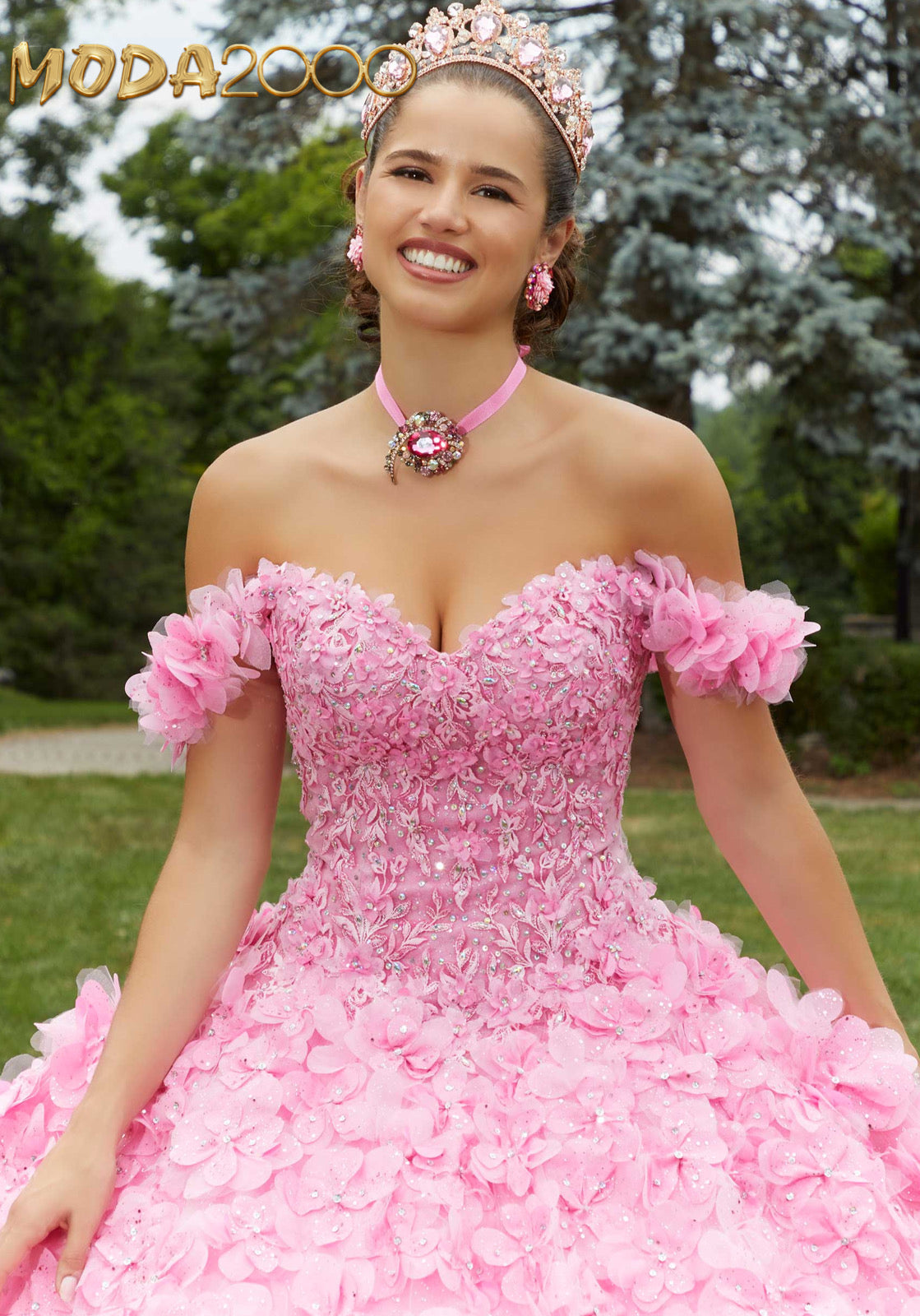 M2K89403 | Crystal Beaded Lace Quinceañera Dress with Floral Skirt