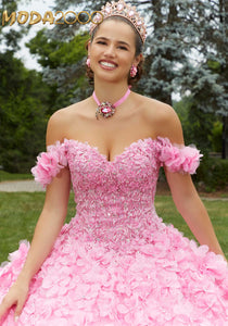 M2K89403 | Crystal Beaded Lace Quinceañera Dress with Floral Skirt