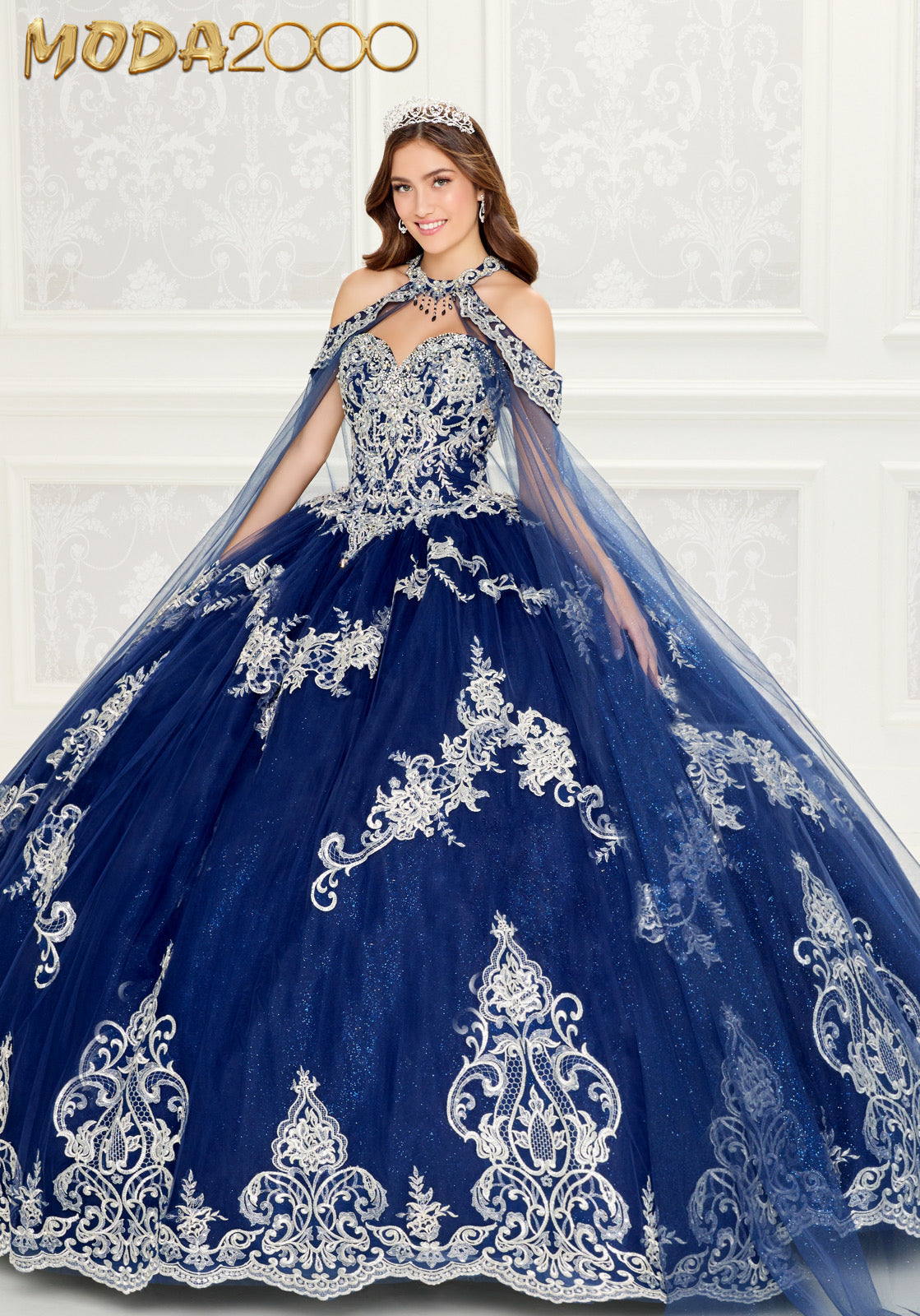 M2K30086 l Princesa Quinceanera Dress with Embroidered Lace and Stone Accents and Matching Cape