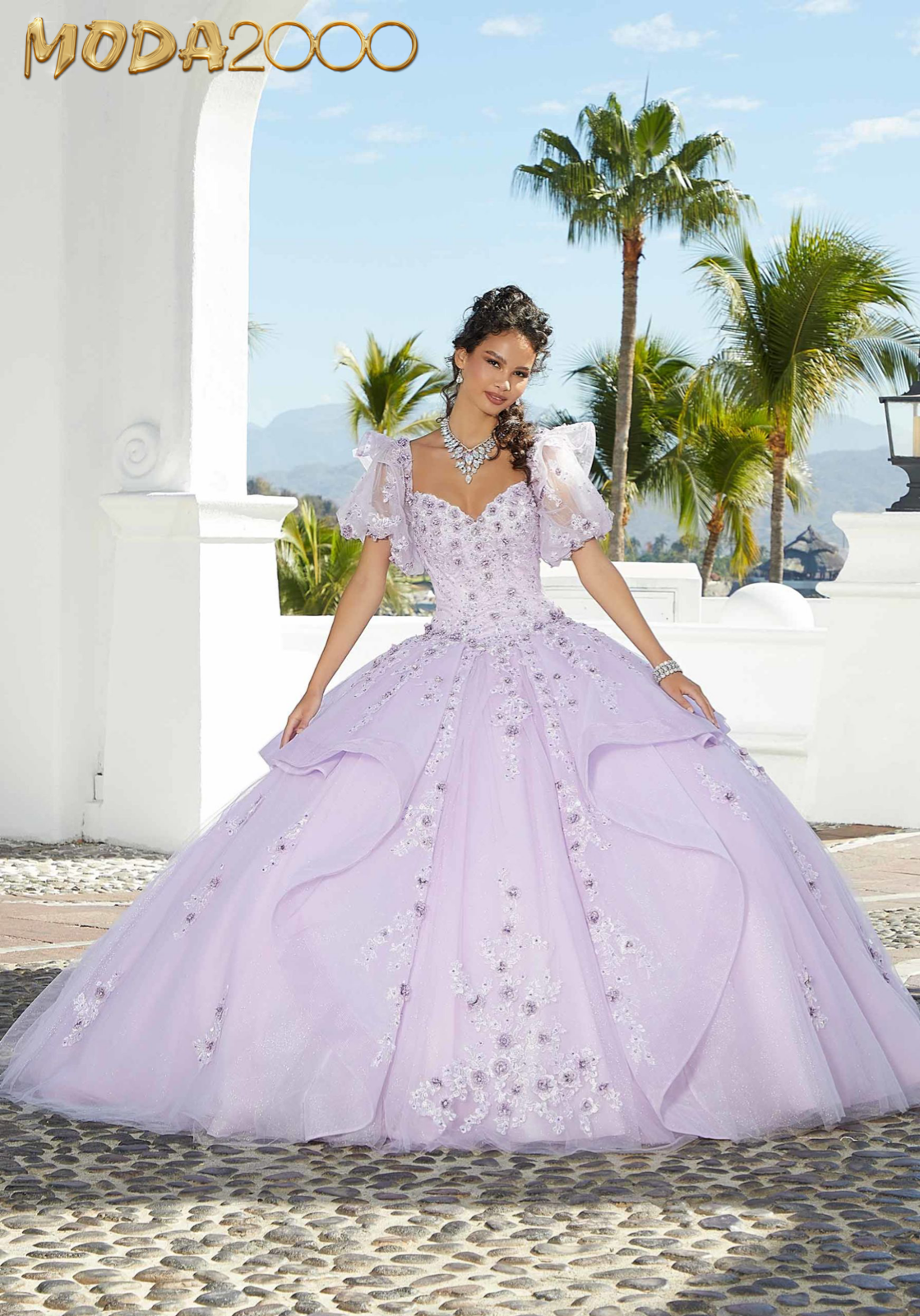 M2K34074 | Flounced Three-Dimensional Floral Quinceañera Dress with Pouf Sleeves