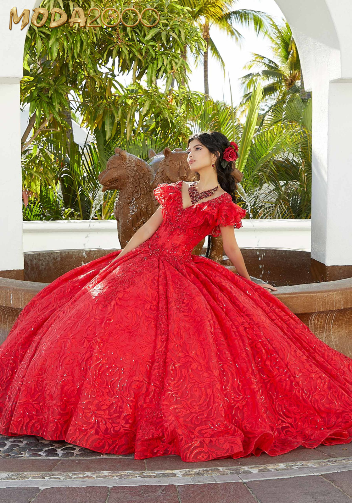 M2K34072 | Flounced Back Sequin Embroidered Quinceañera Dress